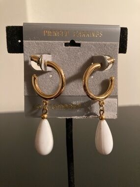 Gold Hoop Earrings with White Teardrop Pendants